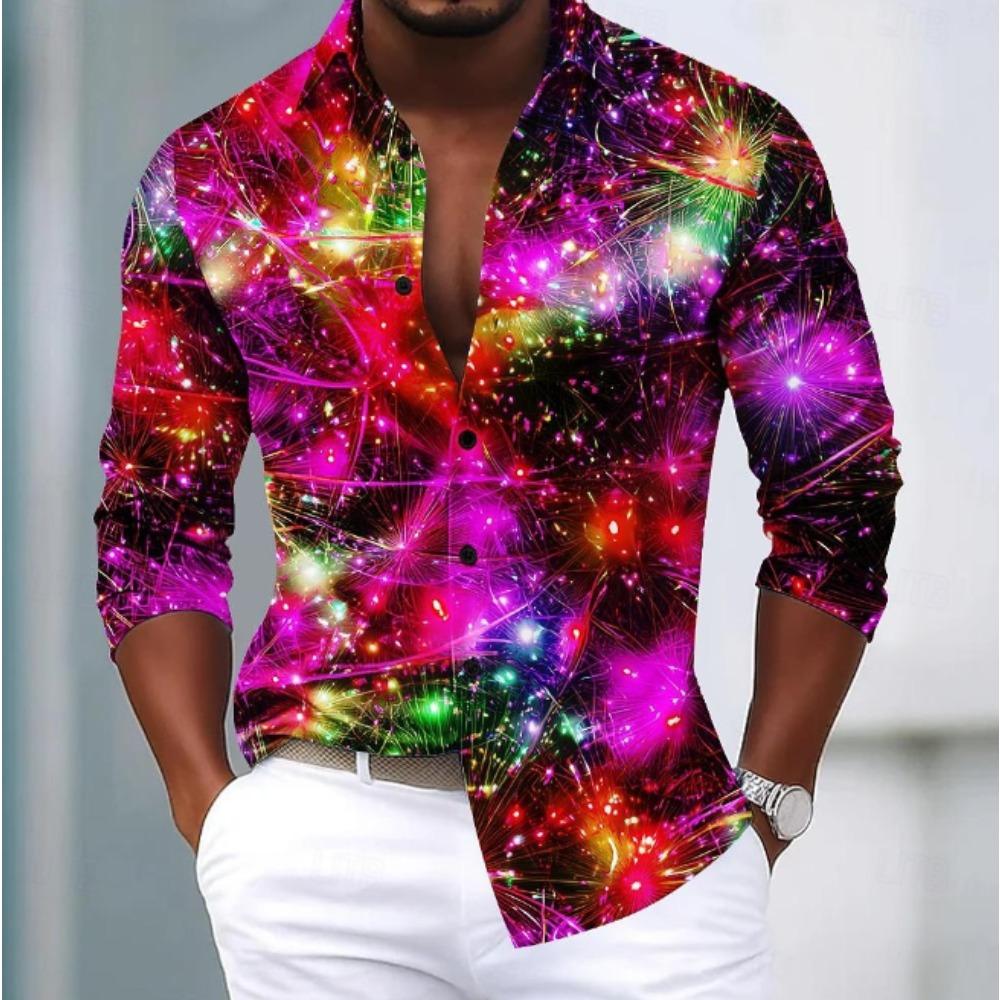 Men's Shining Pattern Printed Long Sleeve Shirts Casual Cardigan New Button Holiday Fashion Shirts