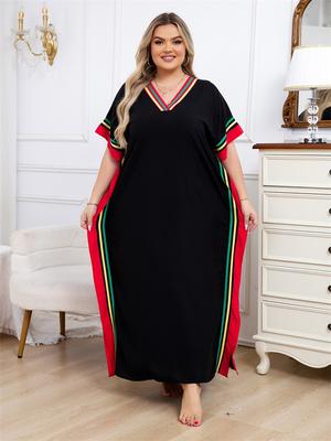Acogedor y elegante estampado multicolor con cuello en V para mujer Kaftan suelto traje de baño cubrir ligero Moo Moo vestido ropa de playa Q1615