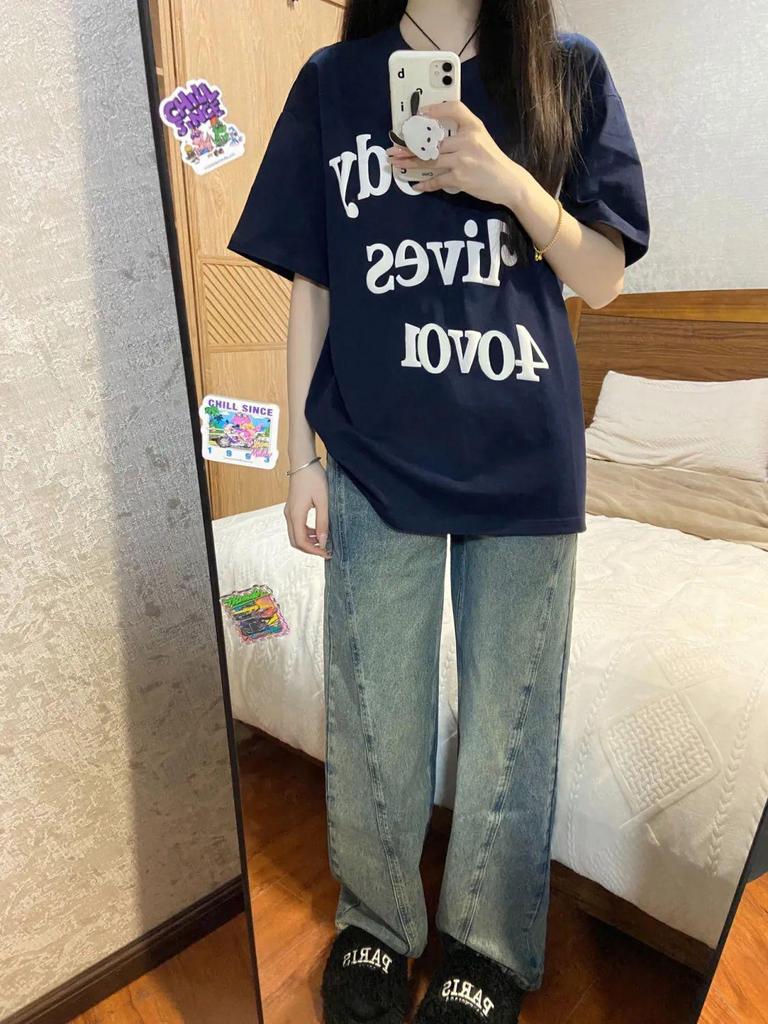 100% American Cool Letter Women's Summer Short Sleeve T-shirt - Trendy Loose Casual Top