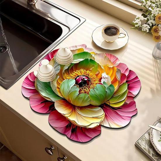Yousheng 3D Dish Drying Mat Absorbent Kitchen Drying Mat Floral Reusable Washable Dish Drying Pad Non-slip Dish Rack Mats for Kitchen Counter