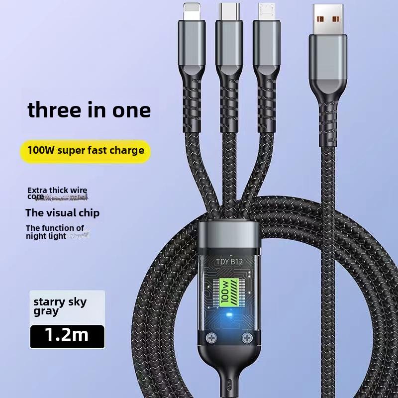 100W Transparent 3-in-1 Super Fast Charging Cable with Light for Huawei, Apple, and Android