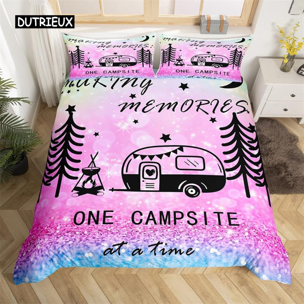Camping Duvet Cover Microfiber Galaxy Stars Moon Happy Camping Comforter Cover Camper Truck Geometry Mountain Trees Bedding Set
