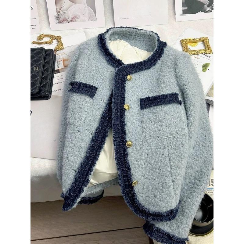 Elegant Blue Quilted Style Short Coat Thickened Down Filled French Jacket Autumn Winter Fashion Women Outerwear