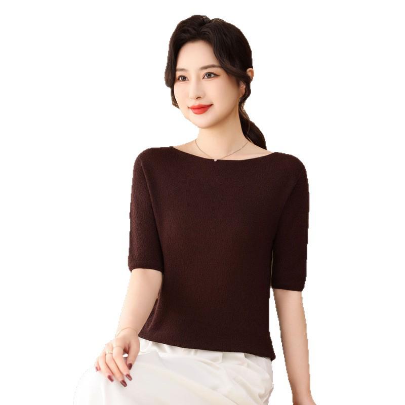 Five-Sleeve Fine-Spun Yangzi Wool Knitwear: 100% Wool One-Shoulder Loose Base Layer Top, Short-Sleeved Solid Color.