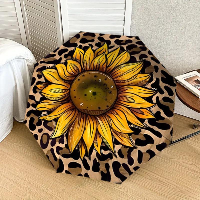 1pc Sunflower Leopard Print Design Umbrella with Plastic Handle,Suitable for All Seasons Home Travel Outdoor UmbrellaDD1178