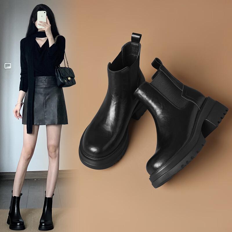 ZHR Women s Retro Chunky Heel Chelsea Short Boots 38