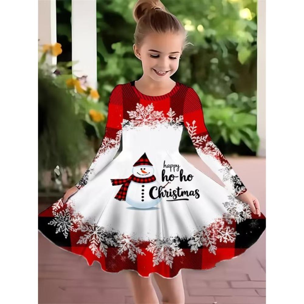 Mädchen Lässiges 3D-Schneeflocken-Print Rundhals Langarm Kleid Kinder Prinzessinnenkleid