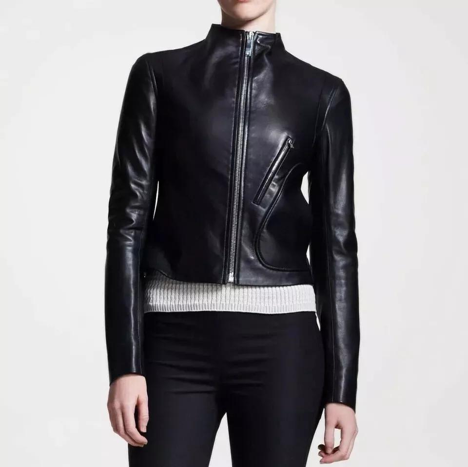 Handmade Leather Motorcycle Style Soft Black Jacket Women's Real Lambskin Leather