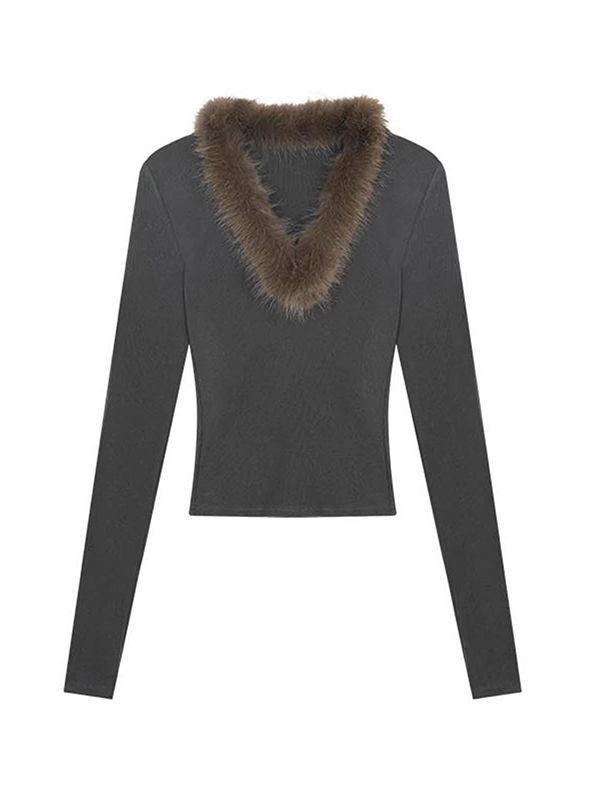 Women's Korean V-Neck Long Sleeve Slim Fit T-Shirt with Fur Collar - Spring 2026 Edition