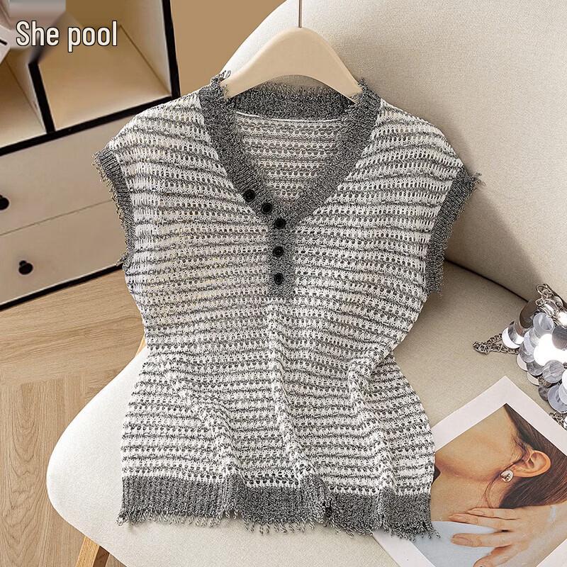 Women s Striped Color-block Hollow Knit Sleeveless Top S
