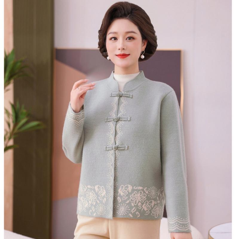 Mom spring, autumn and winter new stand-up collar disc-buckled embroidered cardigan jacket in the elderly and women's knitted Tang suit top