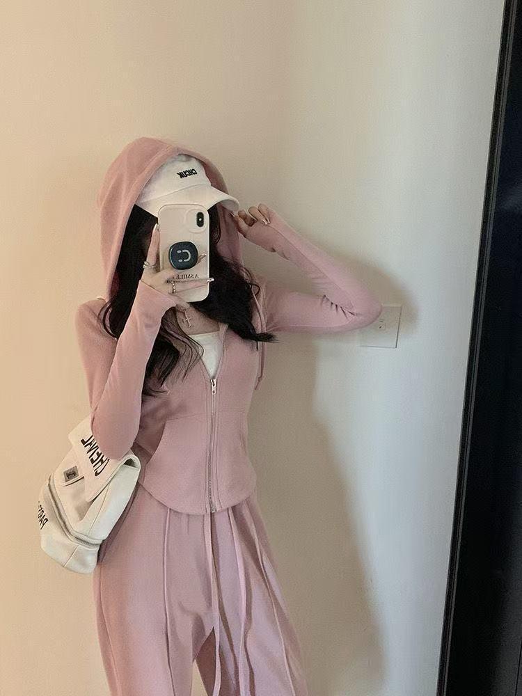 2025 Slim-fit Hooded Cardigan & Wide-leg Pants Set for Early Autumn - Casual Sporty Style