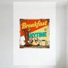Retro Breakfast Metal Tin Sign - Rusty Weathered Border, Cartoon Toast Character with Bacon & Coffee Mug, 'ANYTIME' Yellow Blue