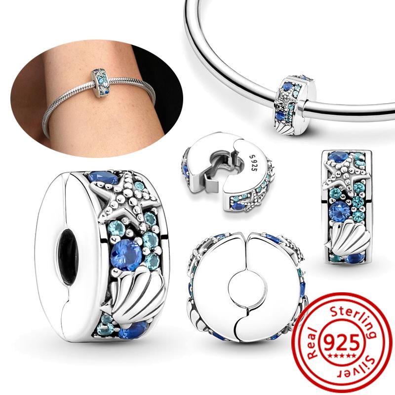 Fit Original Pantaro Charms Bracelet DIY Zircon 925 copper Blue Angel Wings Feathers Crown Star Moon Sun Clip Heart Shiny Beads