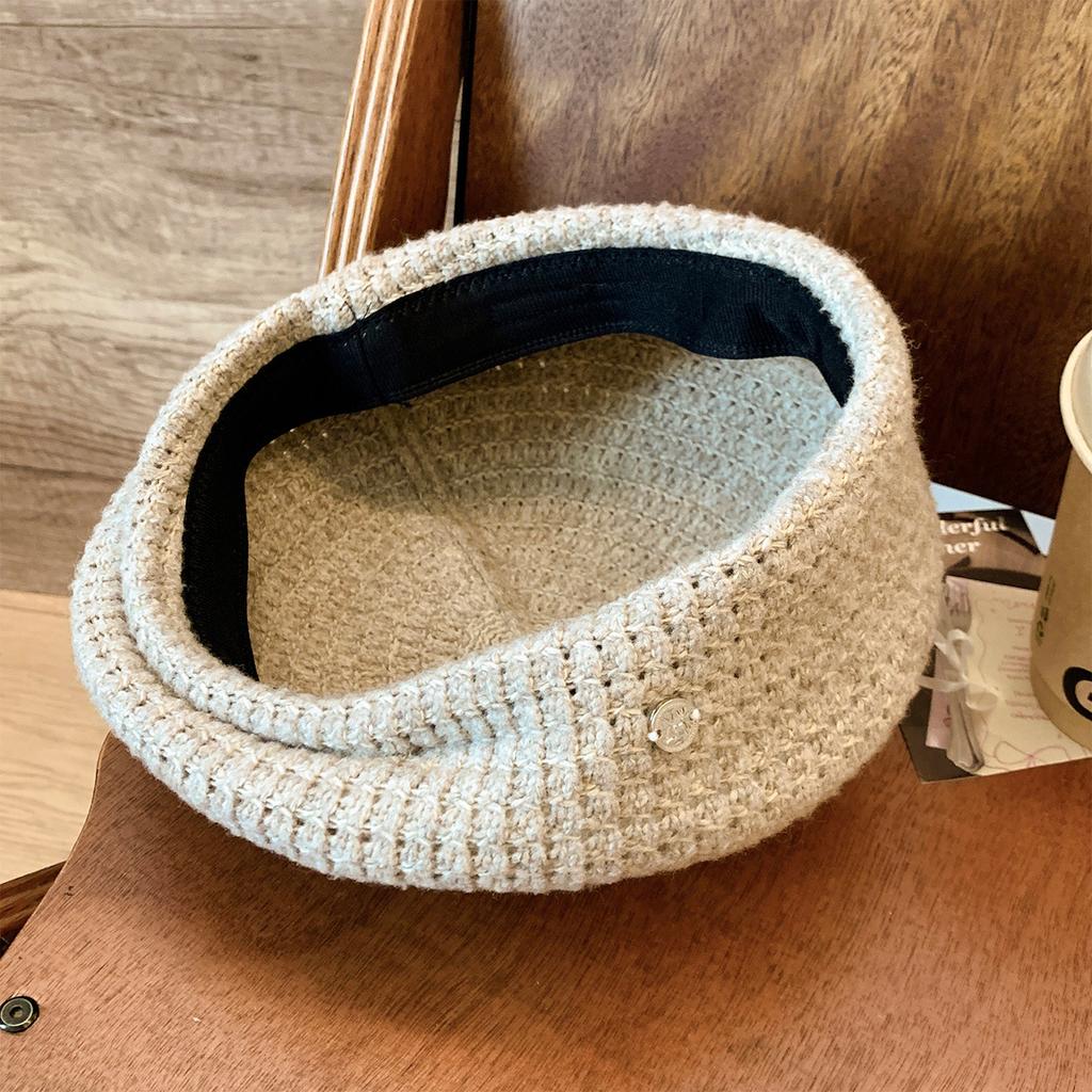 Blue Knitted Hollow Beret Women's Korean Edition Versatile Face Show Small Bud Hat Head Circumstance Painter