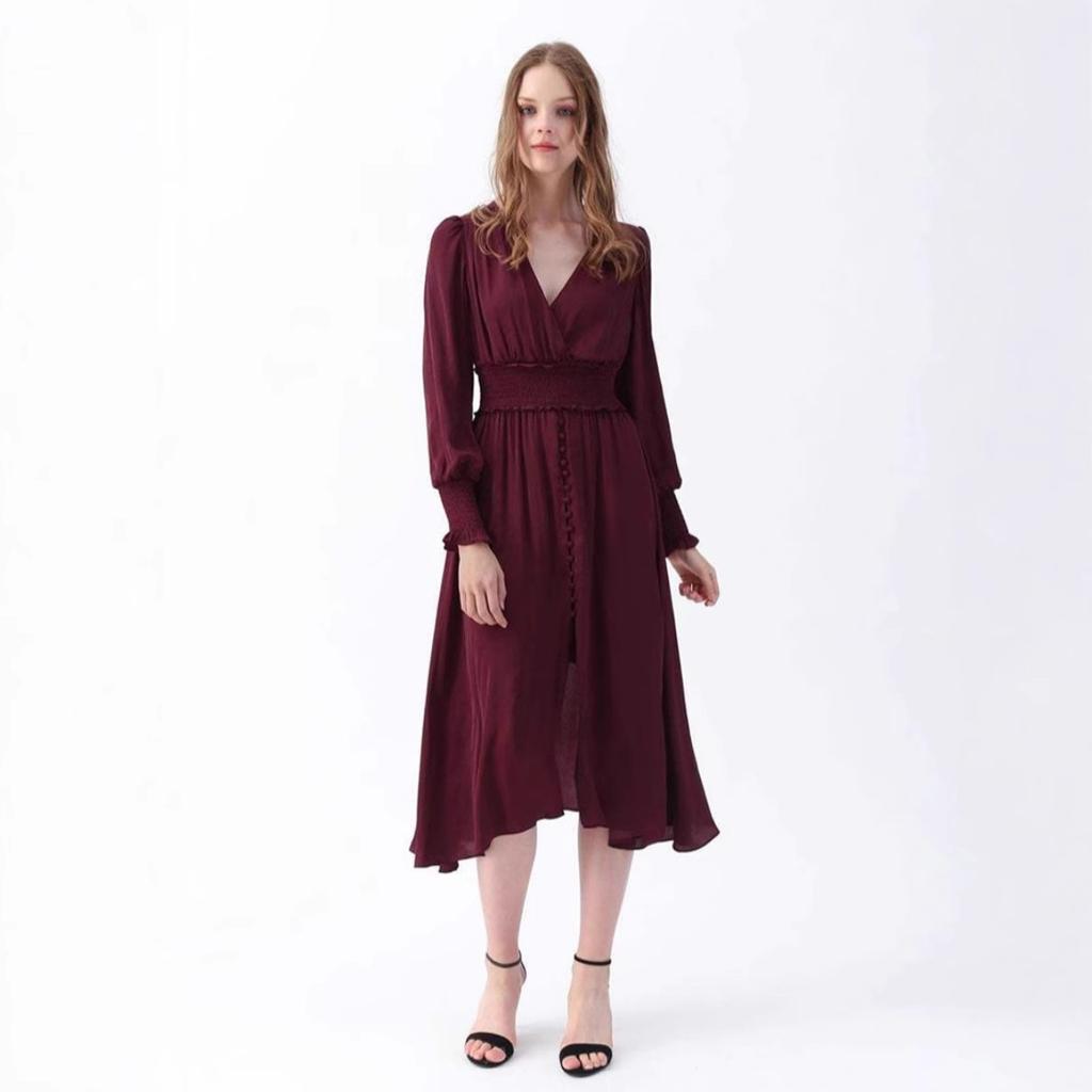 New V-Neck Long Sleeve Burgundy Women's Casual Dress For Spring Autumn