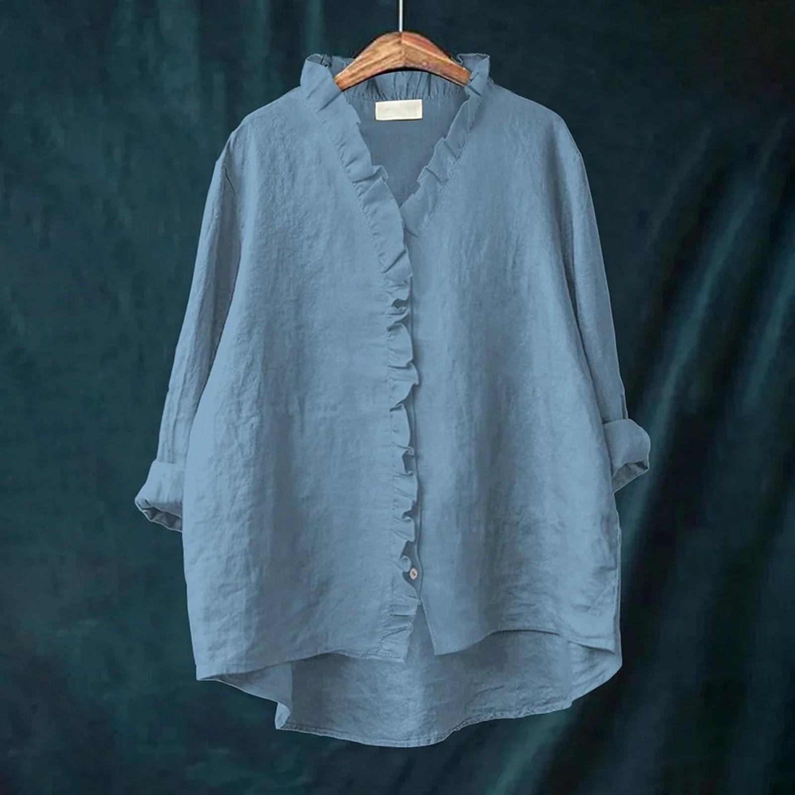 

Женский свободный топ с оборками, однотонный, со стойкой, с длинными рукавами, из хлопка и льна XXL светло-синий