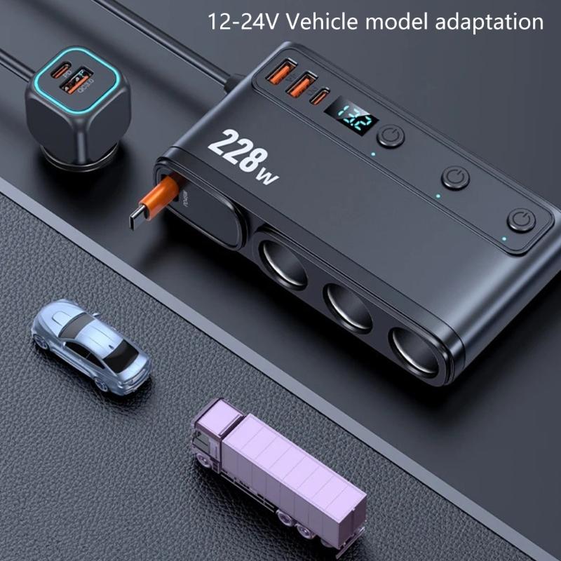 Car Chargers Splitter for Simultaneous Charging 228W Output QC3.0 PD45W with Telescoping USB C Cable LED Battery Monitor
