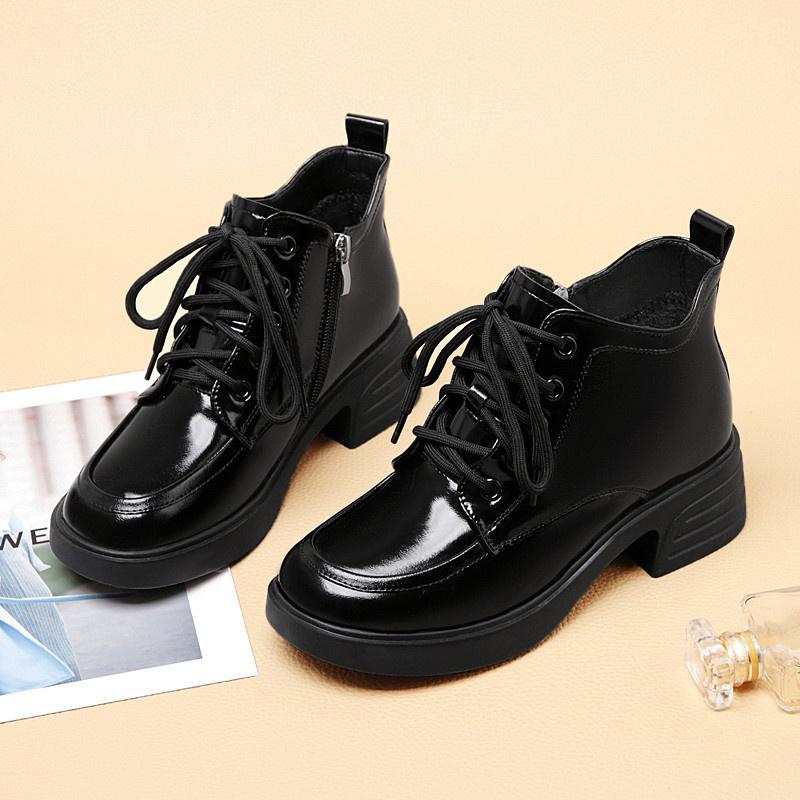 Móda Pohodlné Vintage Lakovaná kůže Plus Sametová hřejivost Platforma Boty Ženy 2024 Hranaté podpatky Kancelář Maminka Kotníkové boty