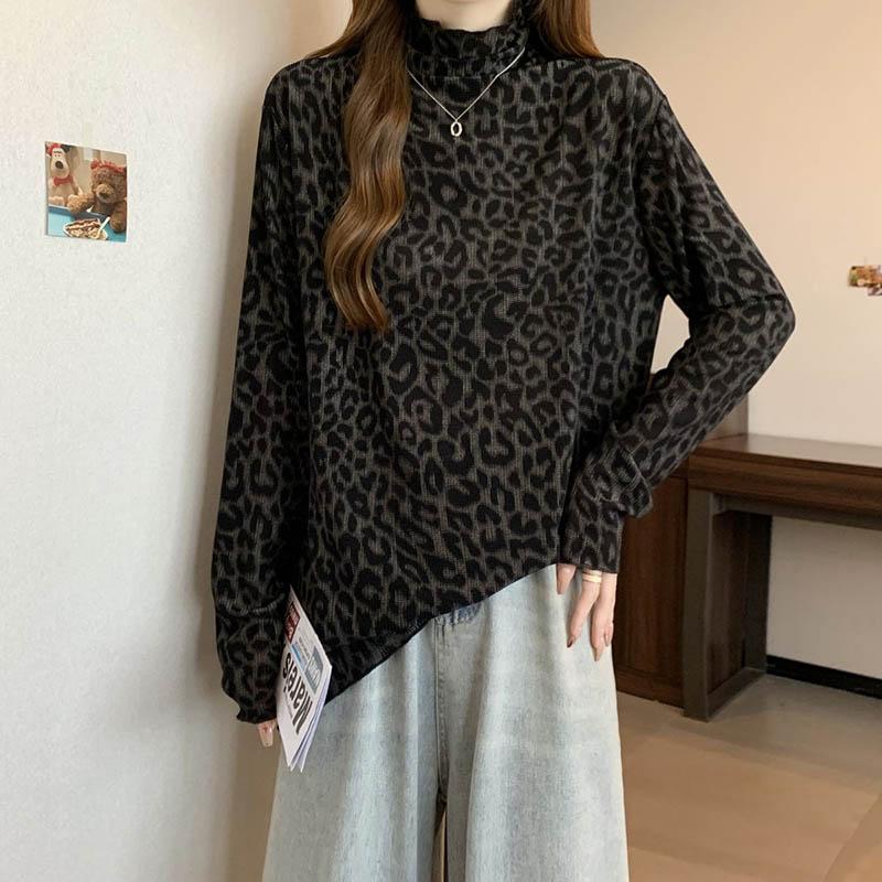 

Свитшот большого размера с леопардовым принтом, с полувысоким воротником, с принтом, с длинным рукавом, женский топ, базовая футболка XXXXL чёрный