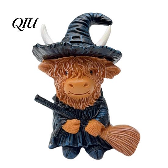 Weather Resistant Courtyard Ornaments Halloween Highland Cow Figurine, Wizard Broom & Bat Wing Pumpkin Durable Resin Crafts for Holiday Ornament,