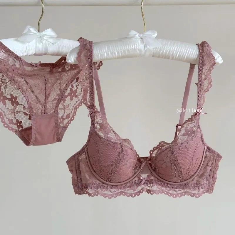 French Underwear Women's Small Breasts Gather Thin Breathable Breasts Anti-sagging Sexy Lace Back Bra Cover Set