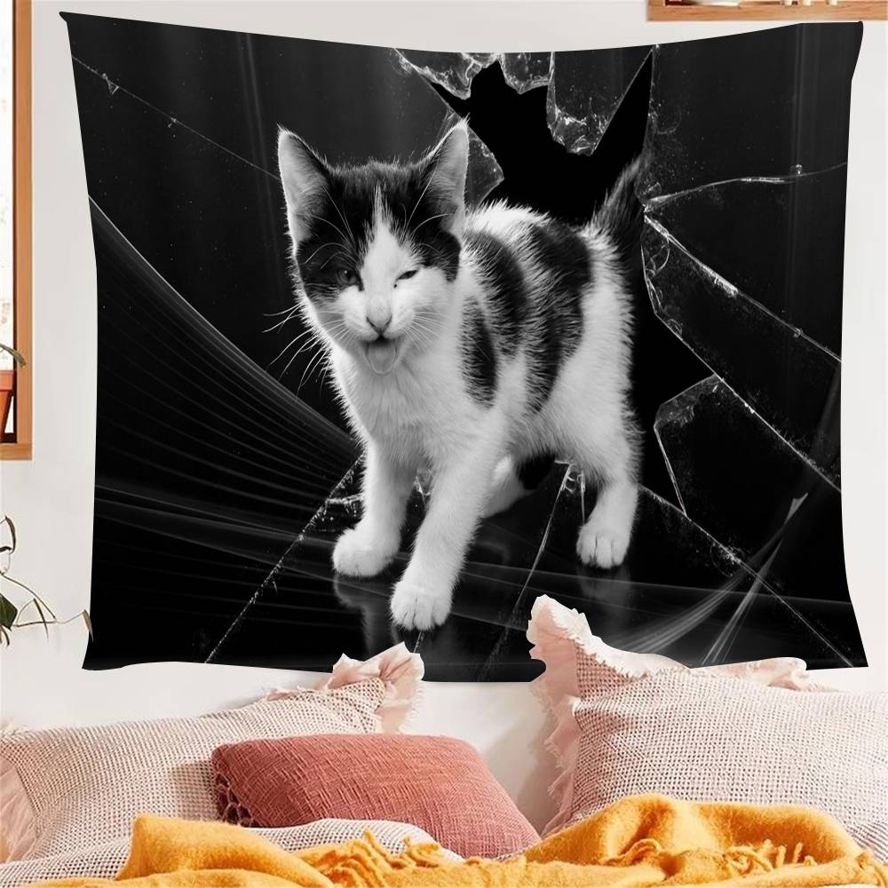 

3D Optical Illusion Cat Round Hole Cartoon Tapestry Wall Hanging Decoration Household Home Decor 74x94cm(29x37in)