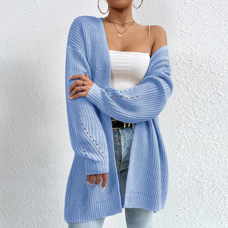 2025 Autumn/Winter Loose V-Neck Mid-Length Knit Cardigan - Solid Color