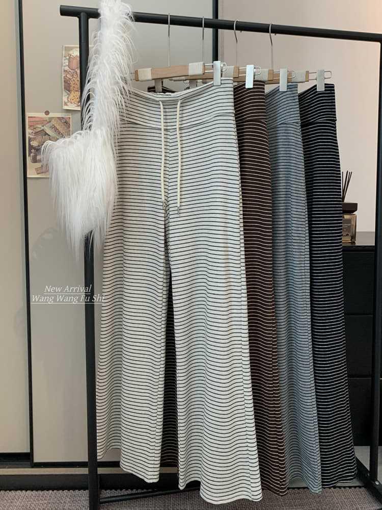 Autumn 2026 Women's Striped Drawstring Casual Pants - Floor-Length, Loose, Slimming Style