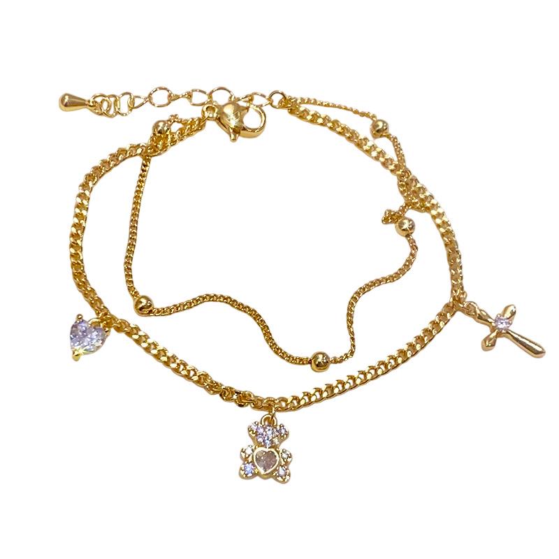 18K Gold-Plated Zircon Bear Cross Bracelet - Fashionable, Versatile Luxury Jewelry for Women