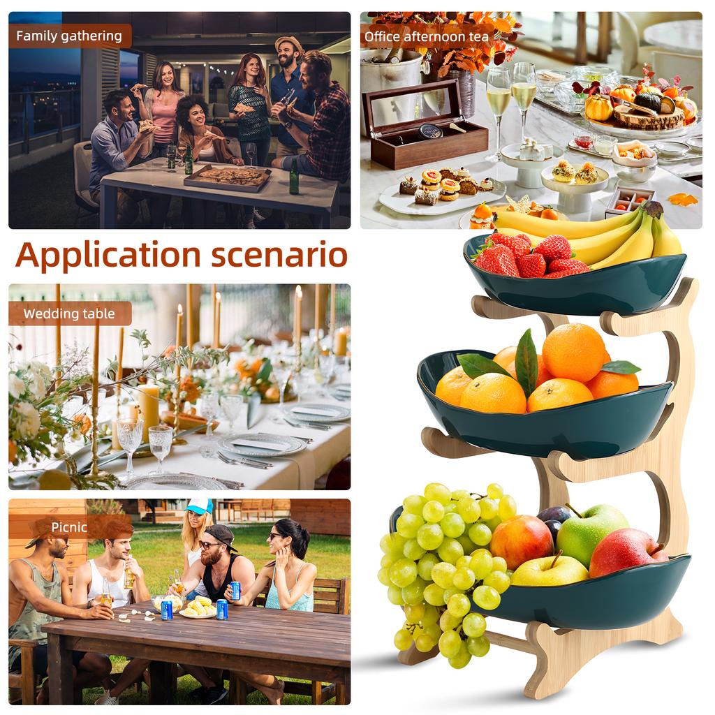 Třípatrový košík na ovoce do kuchyně Plastová mísa na ovoce se stojanem z bambusového dřeva Snadná instalace Třípatrový servírovací stojan Snack Dezert Dort