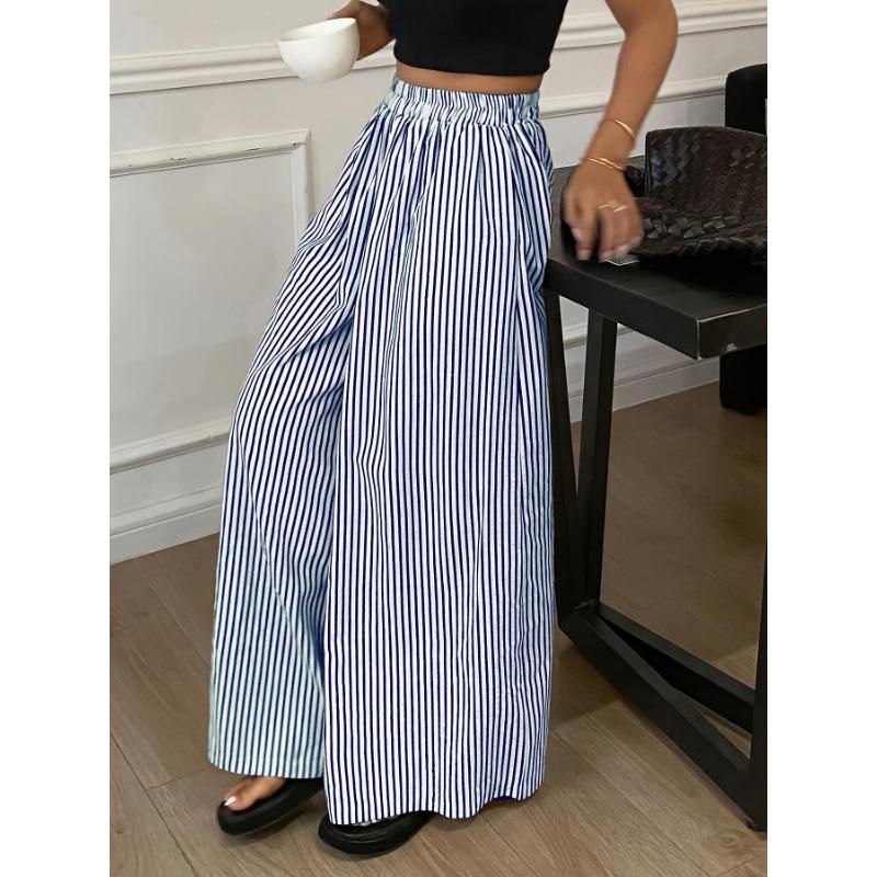 Fashion Striped Elastic Waist Straight Leg Wide Leg Pants Women Elegant Casual Loose Long Pants Spring Autumn Printed Simple Clothing