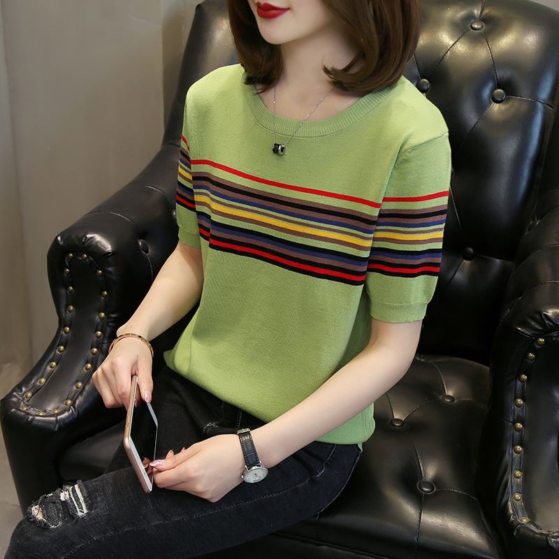 

Women s Ice Silk Knitted T-shirt Loose Spring and Summer Short Sleeved Base Shirt Fashion Versatile Simple Top 2XL зелений