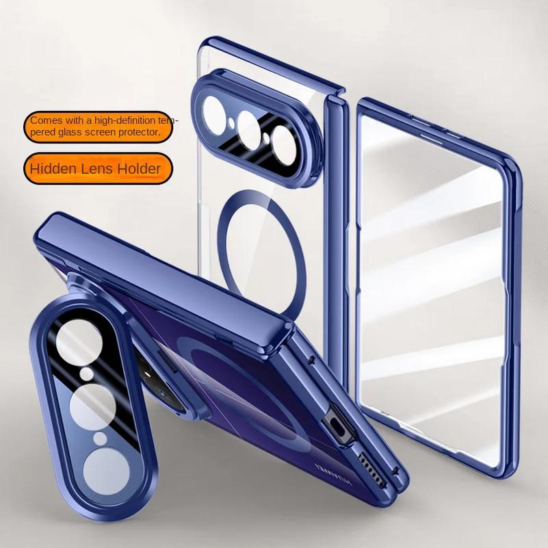 Magnetic Ring Transparent Privacy Screen Tempered Glass Protector Case For Huawei Pura X Max Spring Hinged Holder Back Cover