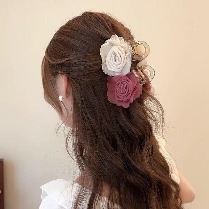 Mesh Flower Hair Clip for Woman Elegant Temperament Shark Clip Girl Ponytail Hair Clamp