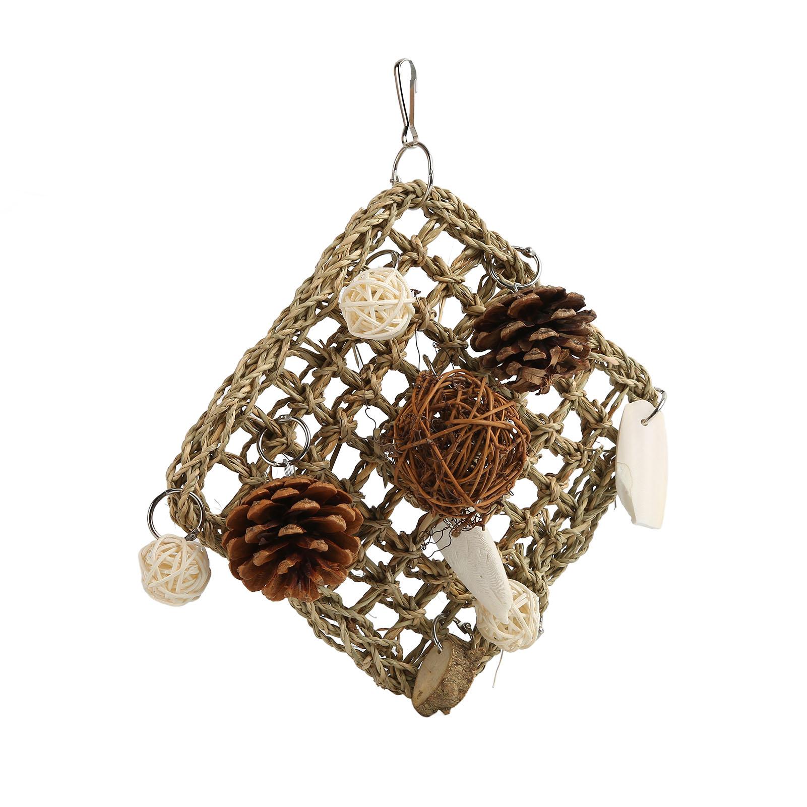 

Parrot Climbing Mat Toy Seagrass Woven Bird Hammock Chewing Net with Cuttlefish Bone for Lovebird Cockatiel