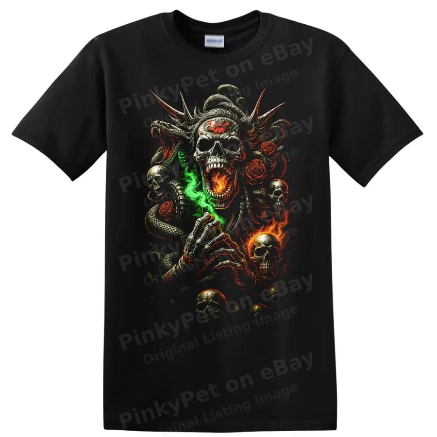 Skull Snake Roses Fire Gothic Horror T Shirt w/ Skeleton Hand Graphic Art Tee