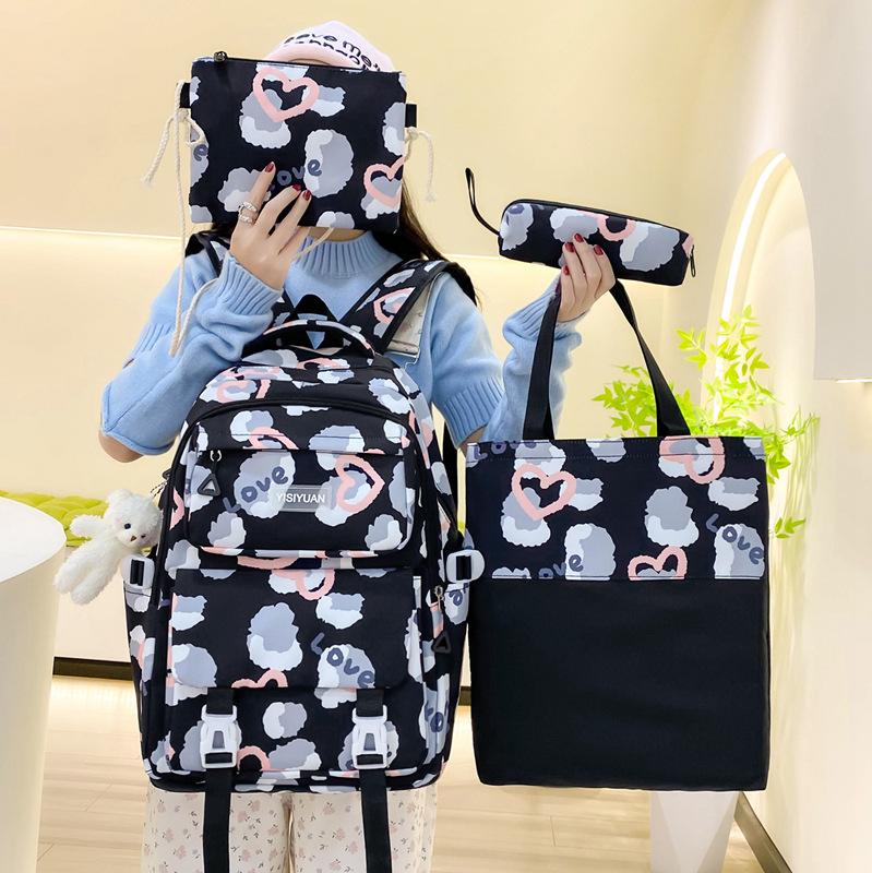 School bag girl love backpack large capacity junior high school campus school bag girl cute casual four-piece backpack