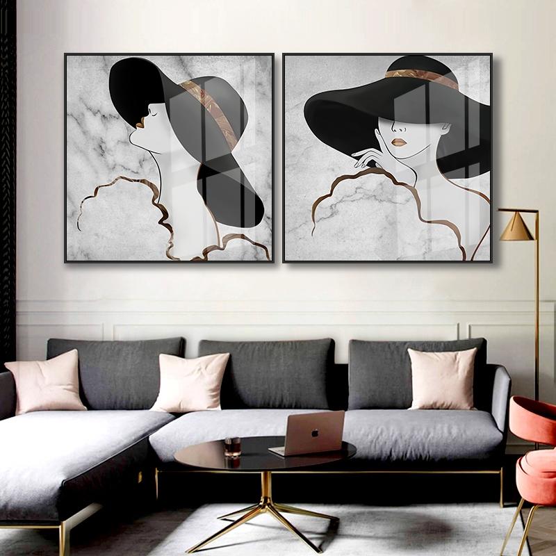 Abstract Lines Marble Pattern Decorative Canvas Painting of Women Waring Hats and Red Lips Posters and Prints Wall Art Cuadros