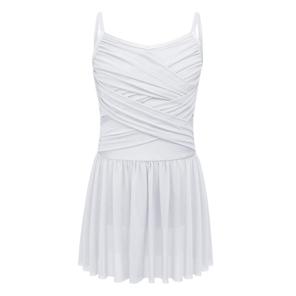 Girls Ballet Mesh Dance Dress Spaghetti Straps Cutout Back Cross Ruched Front Built In Briefs