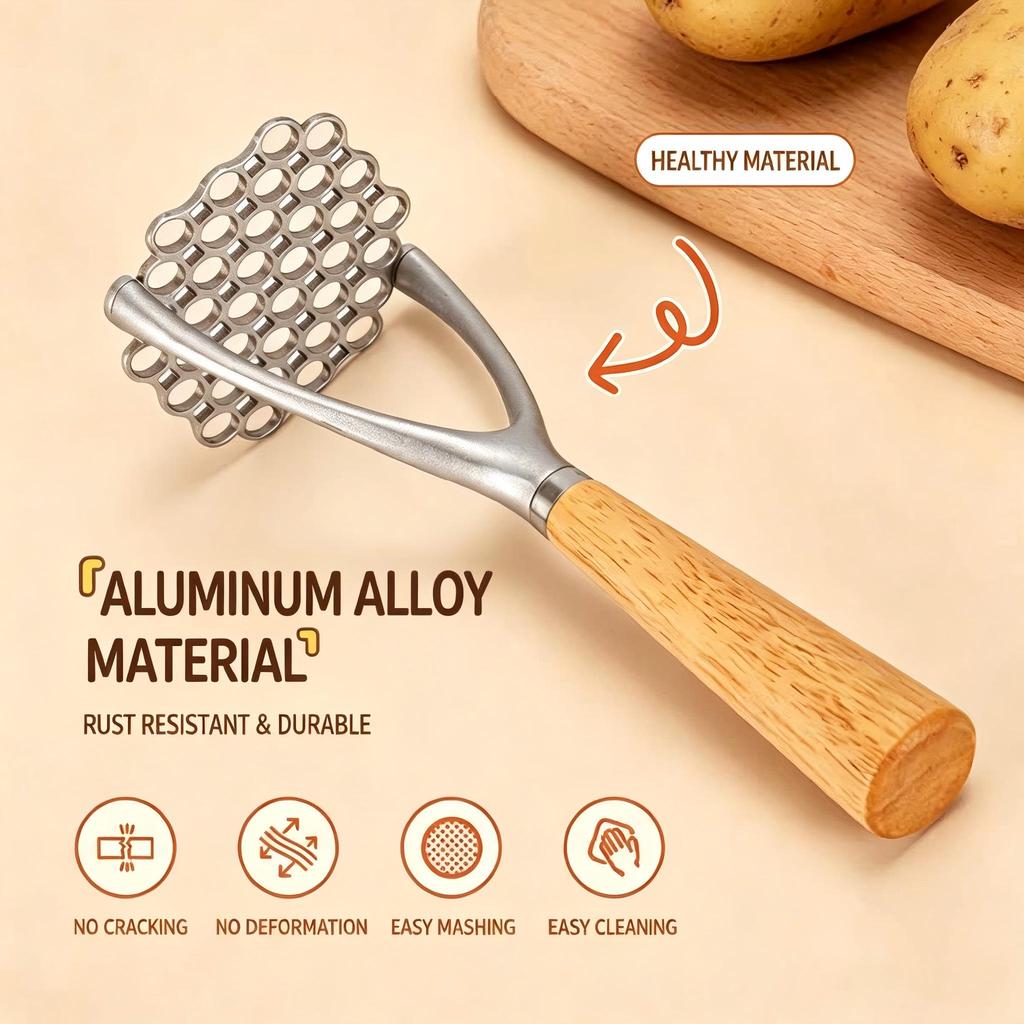 Aluminum Manual Potato Masher, Meat Potato Press Tool, Mixer, Food Cutter, Grinder, Wooden Handle Garlic Pusher, Kitchen Utensil