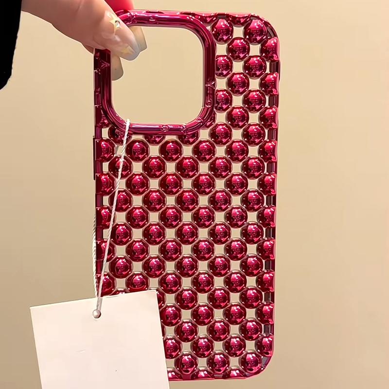 Plating Red Pearl Round Beads Heart Dissipation Case For For Iphone 16 Pro Max 17 Air 1 13 14 Hollow Out Phone Cover