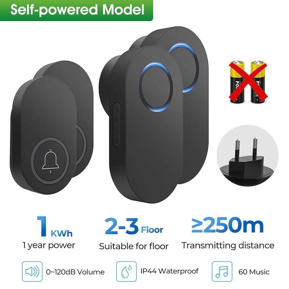 

ML008-B-22EU 60 Melodies Wireless Self-Powered Doorbell Ring EU Plug/Black,2 Transmitter+2 Receiver Type A