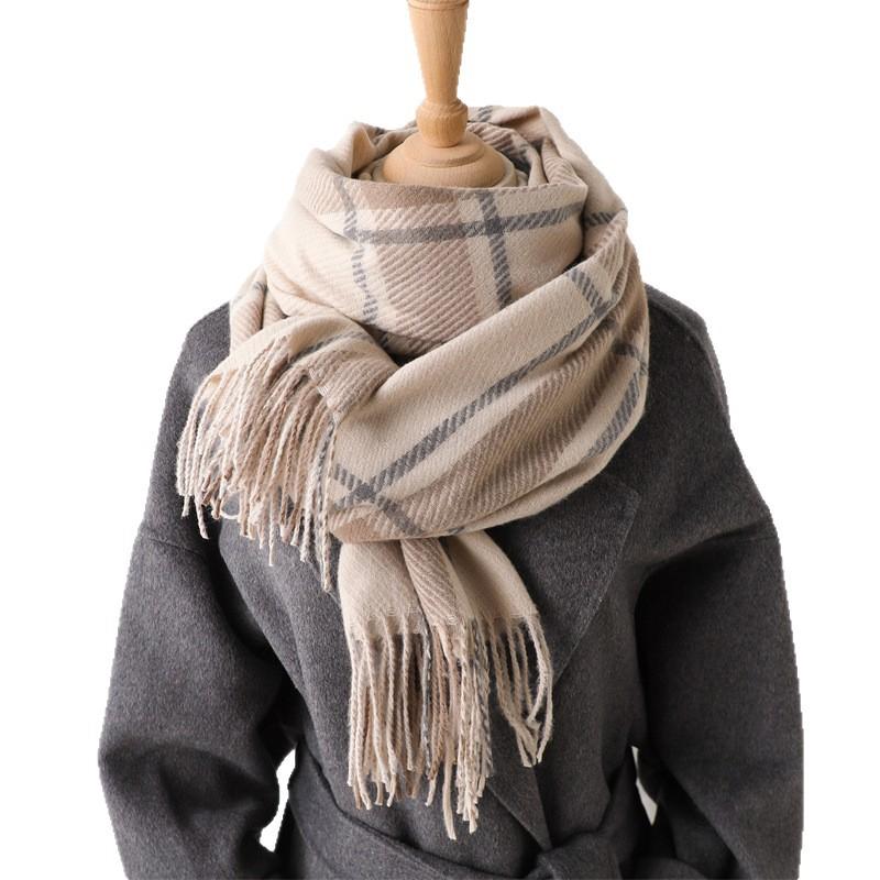 Korean Version Of Simple And Generous Imitation Cashmere Plaid Warm Shawl Scarf Autumn And Winter Fashion Atmosphere Versatile Fringed Scarf