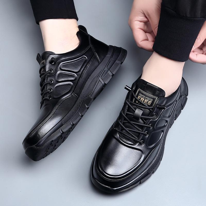 New Fashion Men Genuine Leather Casual Shoes Black Flat Leisure Sport Shoes Outdoor Cool Slip-on Sneaker