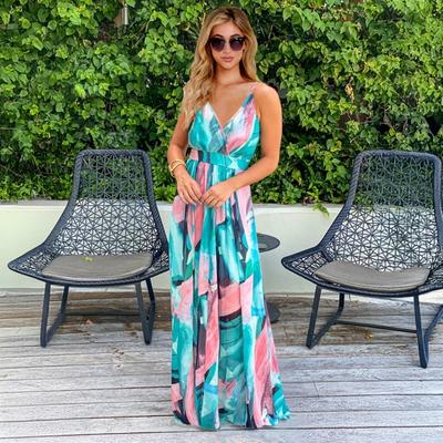 Women's Summer Sleeveless Maxi Dress Spaghetti Strap V Neck Long Dress Boho Tropical Style Beach Vacation A-Line Dress