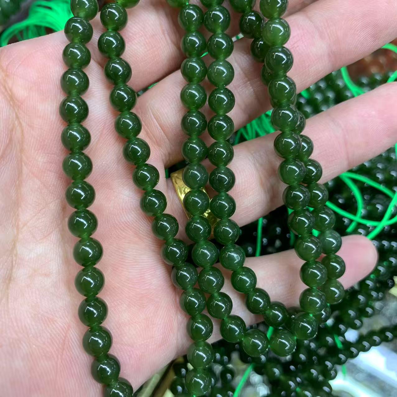 Hotan Jade 6mm Round Beads, Yellowish-Green, Dark Spinach, 108 Buddhist Mala Beads.