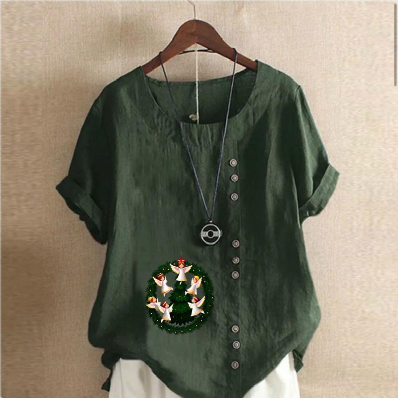 Women's Fashion Round Neck Short Sleeve T-shirt Casual Cotton Linen Graphic Shirt Leisure Loose Christmas Elves Prined Summer Blouse Tops