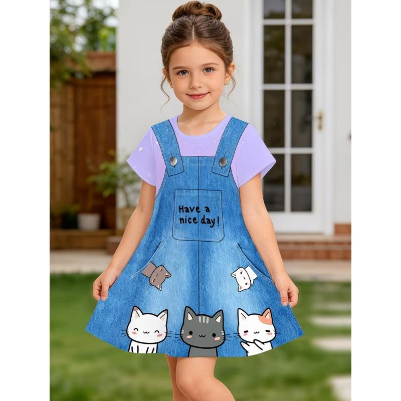 Dress for Girls Fashion Cowboy Print Fake Two-Piece Set Short Sleeve Summer Dresses Casual Round Neck A-Line Dress Girl Clothes