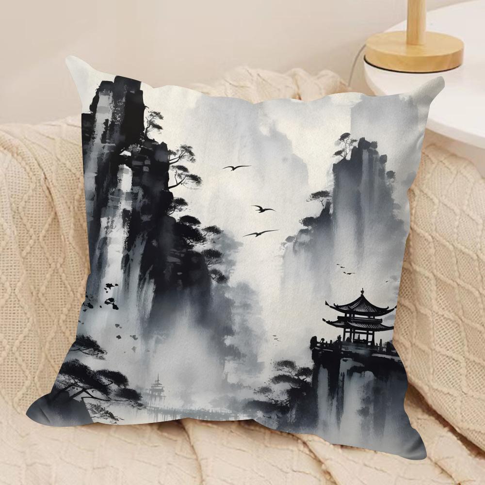 Chinese Ink Painting Style Cushion Cover Silky Short Plush Double-Sided Printed Pillow Case For Sofa All Seasons Home Decor Gift